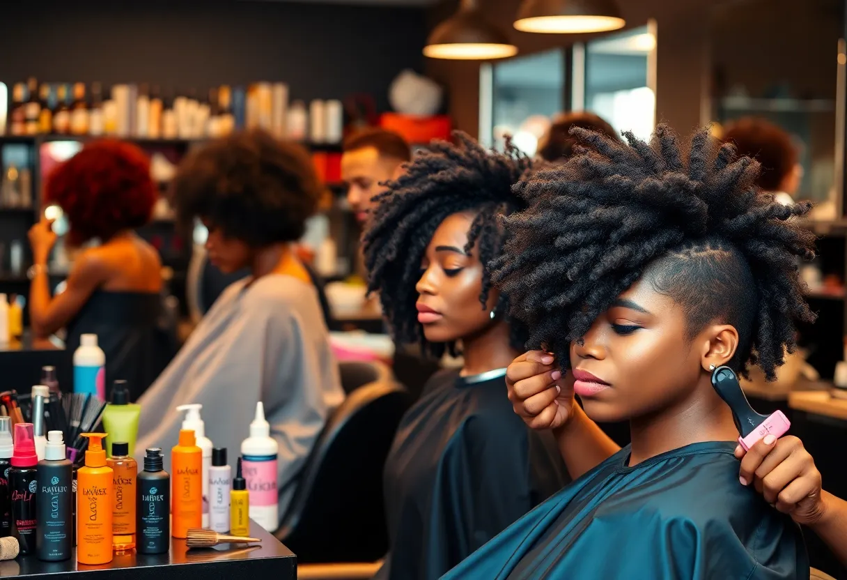 Diverse hair care products in an Atlanta salon for Black hair.