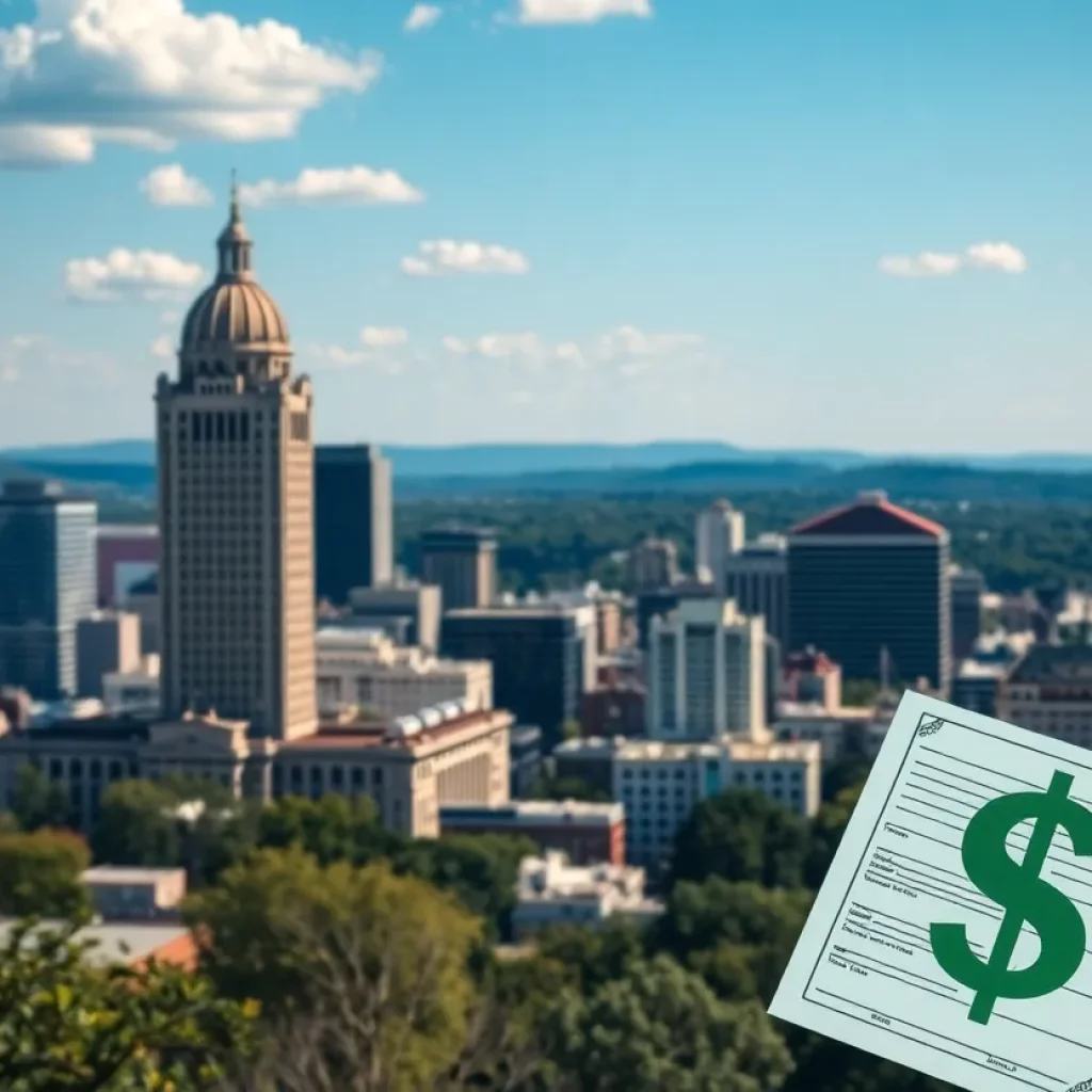 Capitol building in Atlanta, Georgia with financial relief symbols