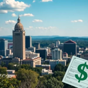 Capitol building in Atlanta, Georgia with financial relief symbols