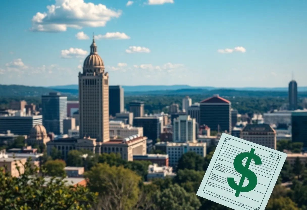 Capitol building in Atlanta, Georgia with financial relief symbols