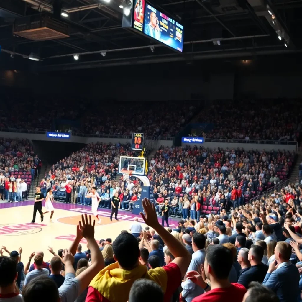 Spectators cheering in a basketball arena during the Atlanta Dream vs New York Liberty game