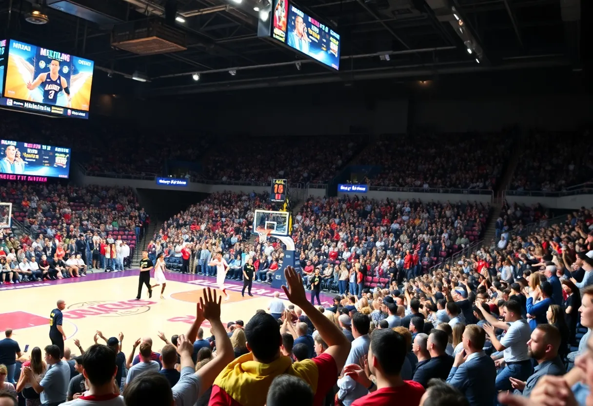 Spectators cheering in a basketball arena during the Atlanta Dream vs New York Liberty game