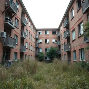 Dilapidated apartment complex showcasing poor living conditions