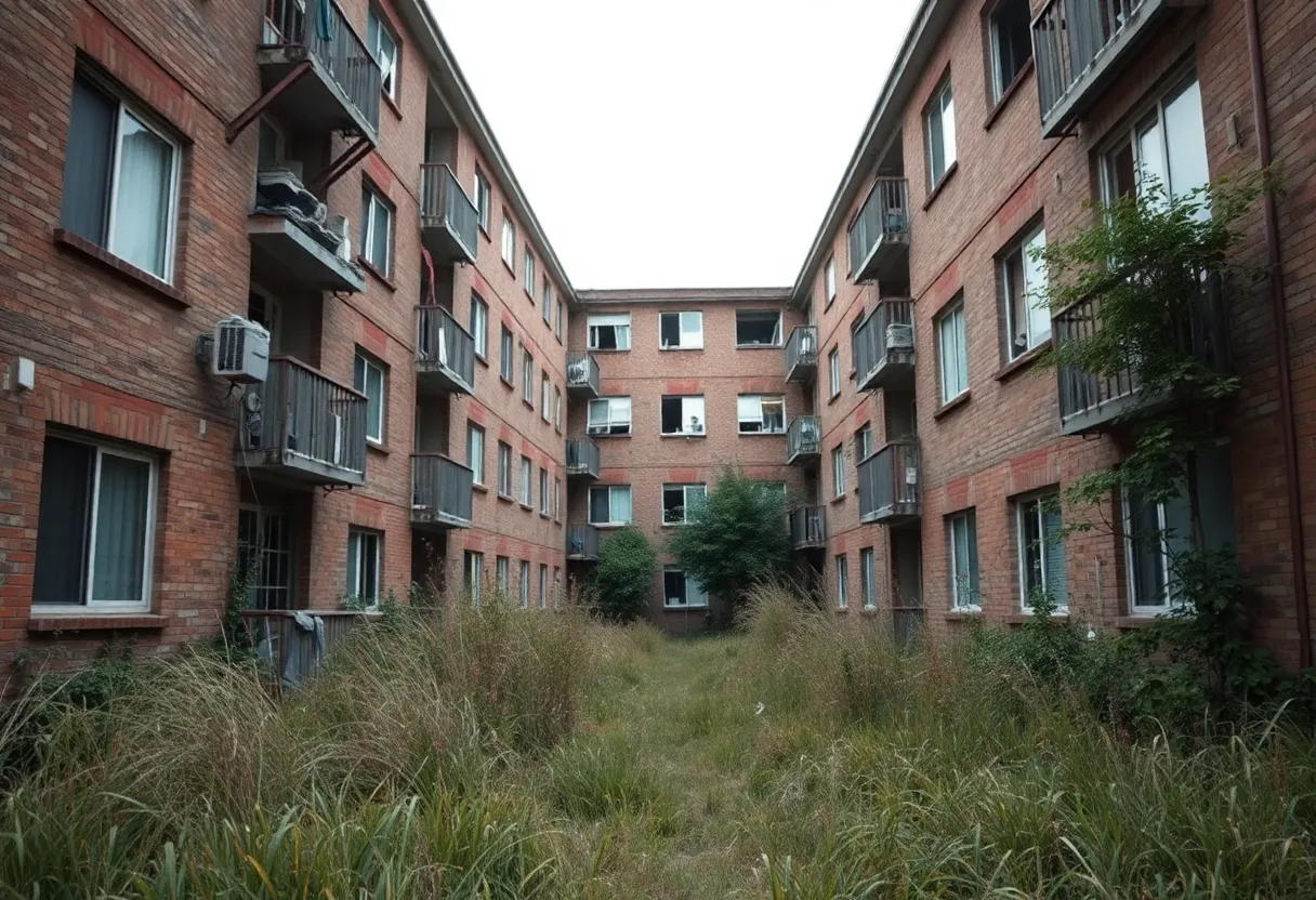 Dilapidated apartment complex showcasing poor living conditions