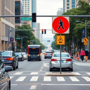 Traffic in Atlanta highlighting driver and pedestrian interactions.
