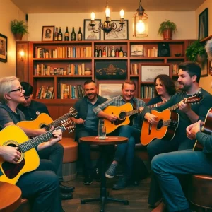 A group of songwriters sharing their music in a café