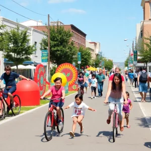 Families enjoying a car-free street during Atlanta Streets Alive
