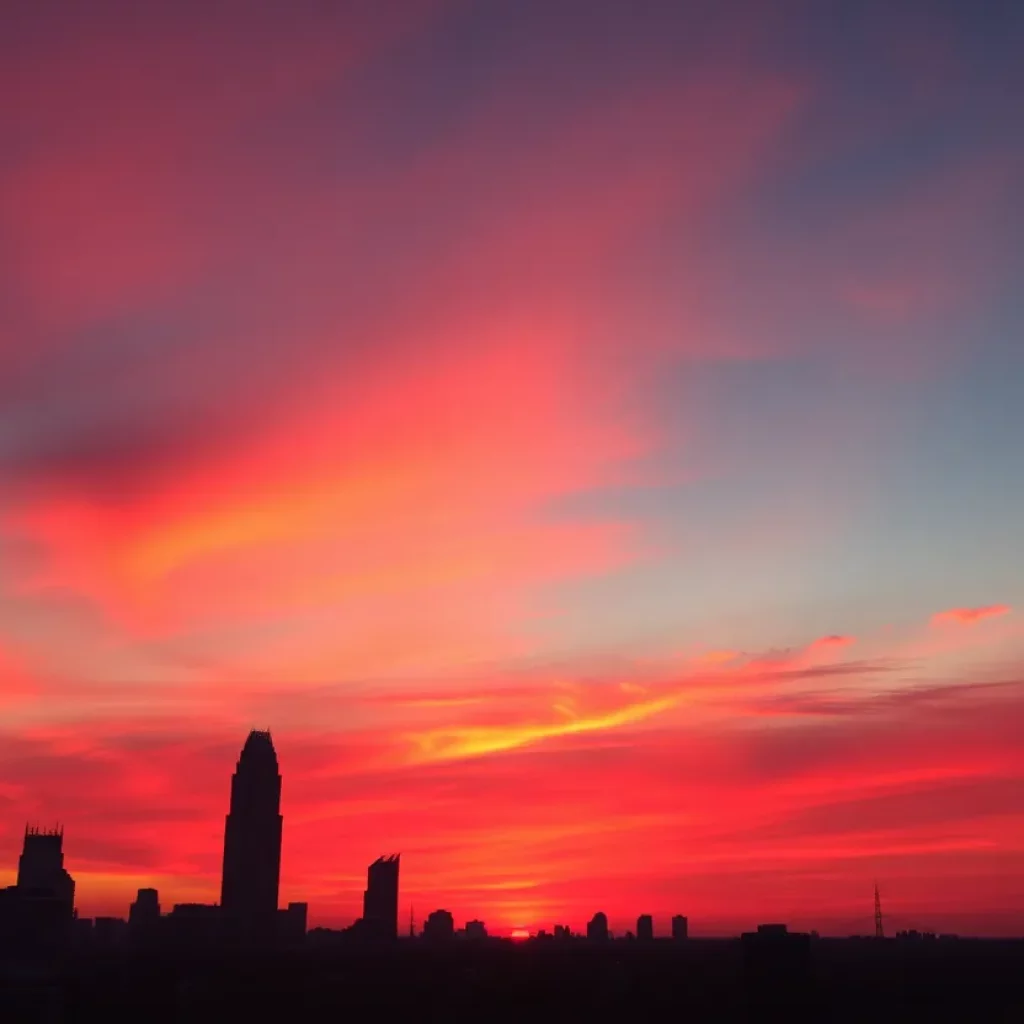 Sunset viewed over the skyline of Atlanta with smoke creating hazy conditions