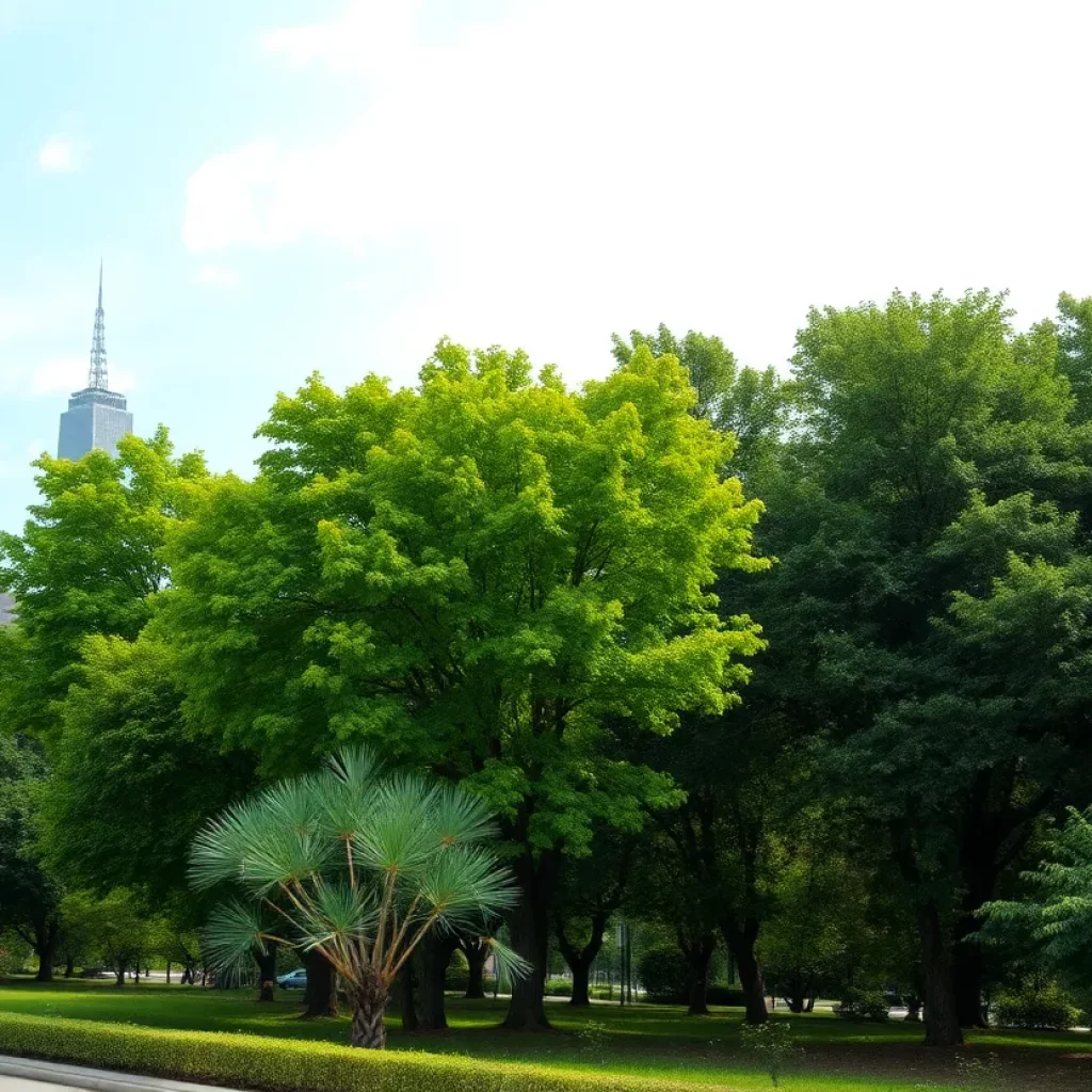 Urban landscape featuring diverse trees with city skyline