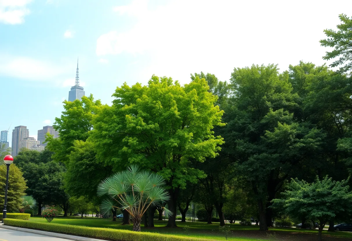Urban landscape featuring diverse trees with city skyline