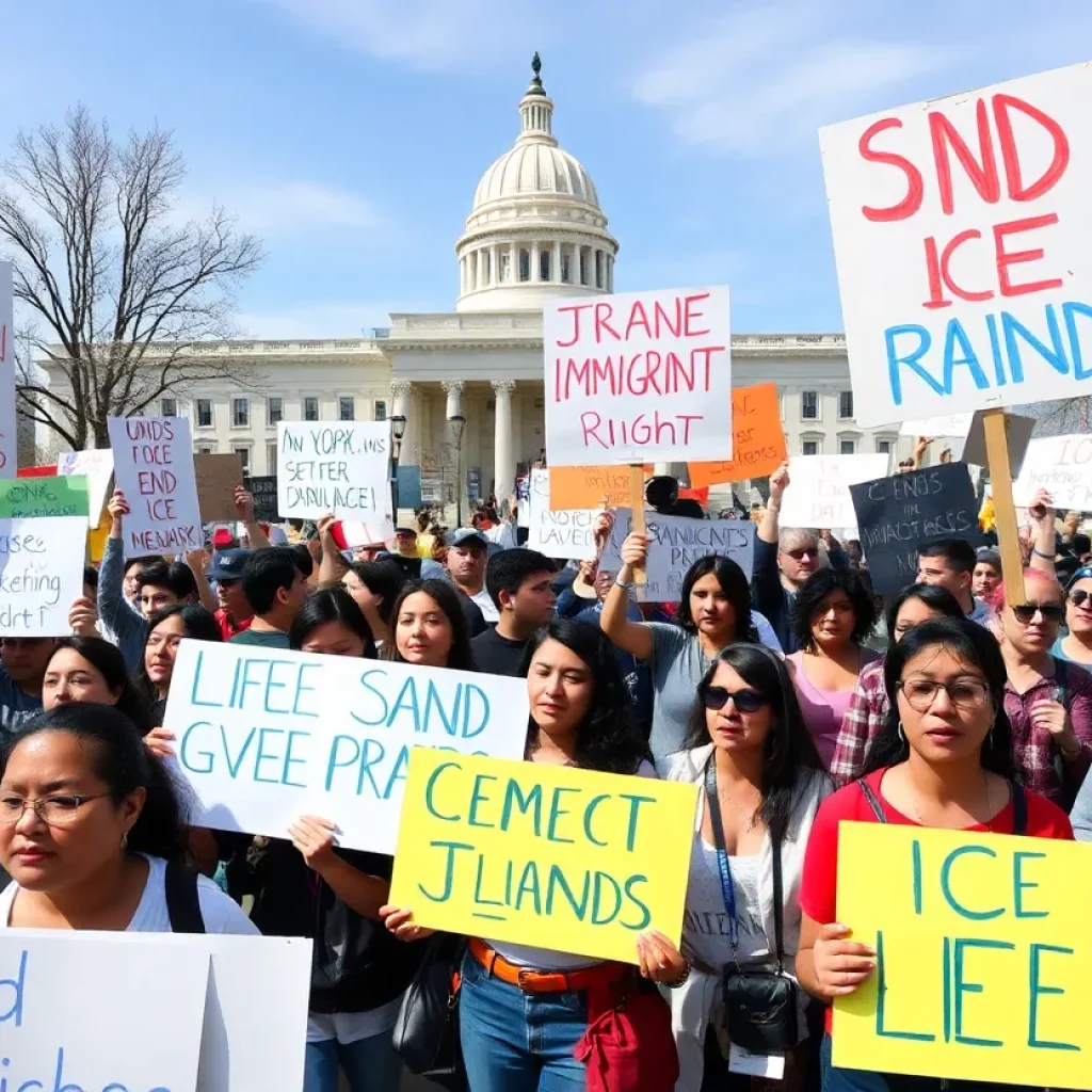 Protesters holding signs demanding an end to ICE raids in Atlanta