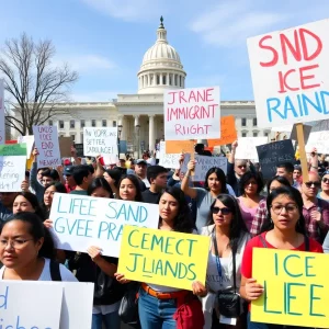 Protesters holding signs demanding an end to ICE raids in Atlanta