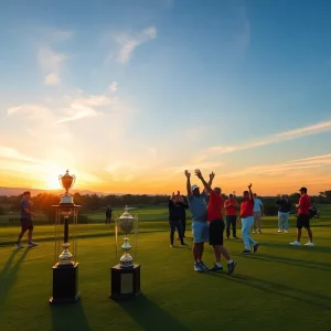 Celebratory scene at a golf course with trophies