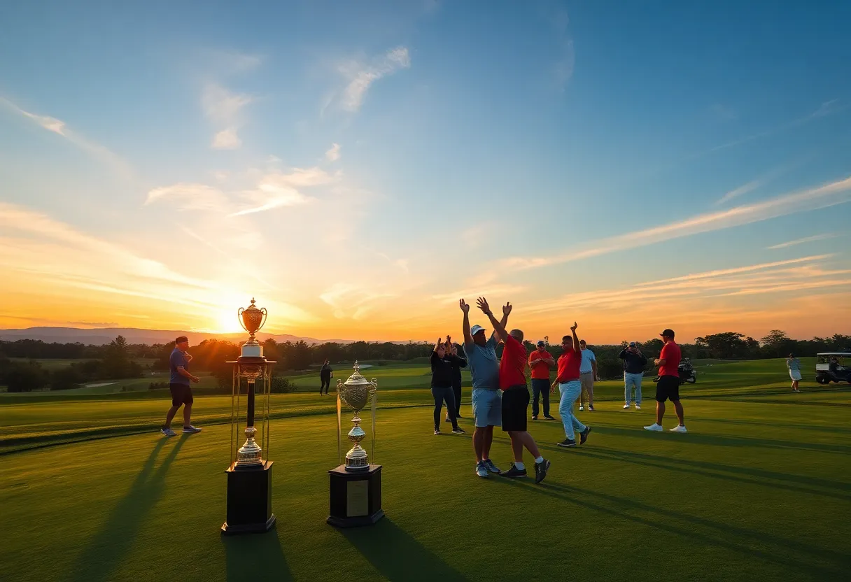 Celebratory scene at a golf course with trophies