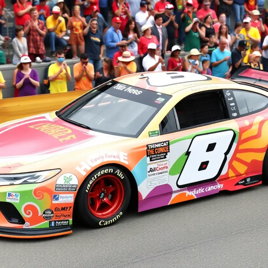 Chase Elliott's race car showcasing pediatric cancer artwork