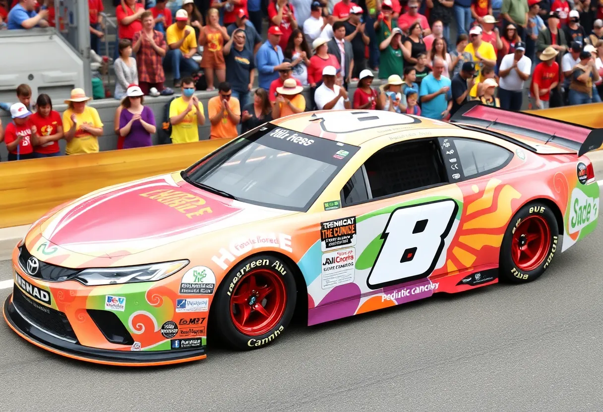 Chase Elliott's race car showcasing pediatric cancer artwork