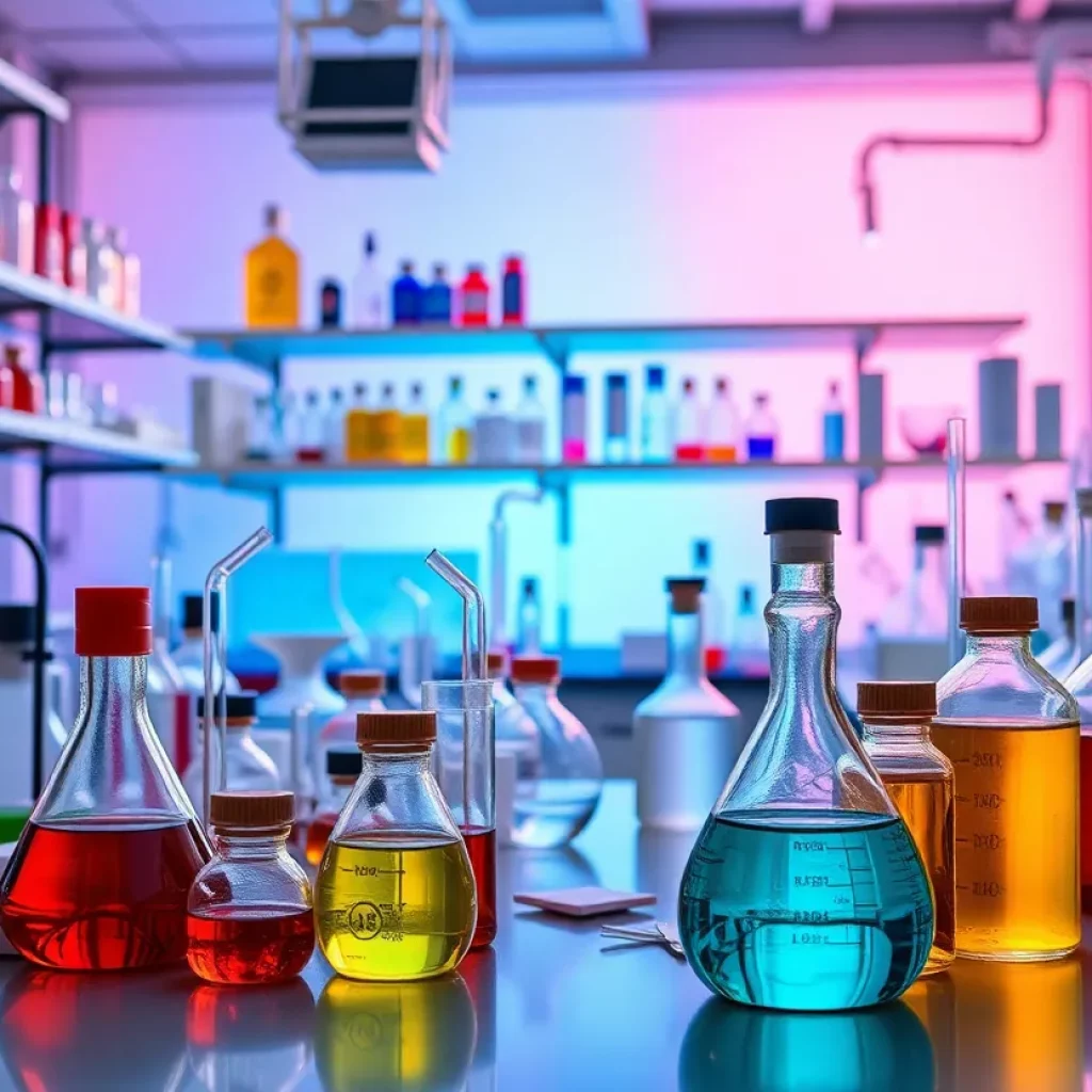 A bustling chemistry laboratory showcasing scientific innovation and research