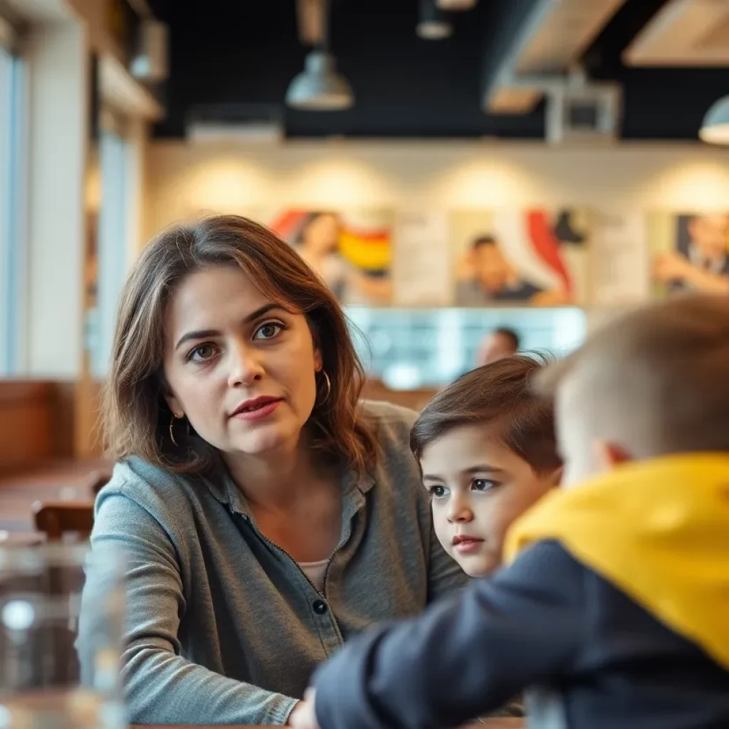 Concerned parent observing child at a restaurant