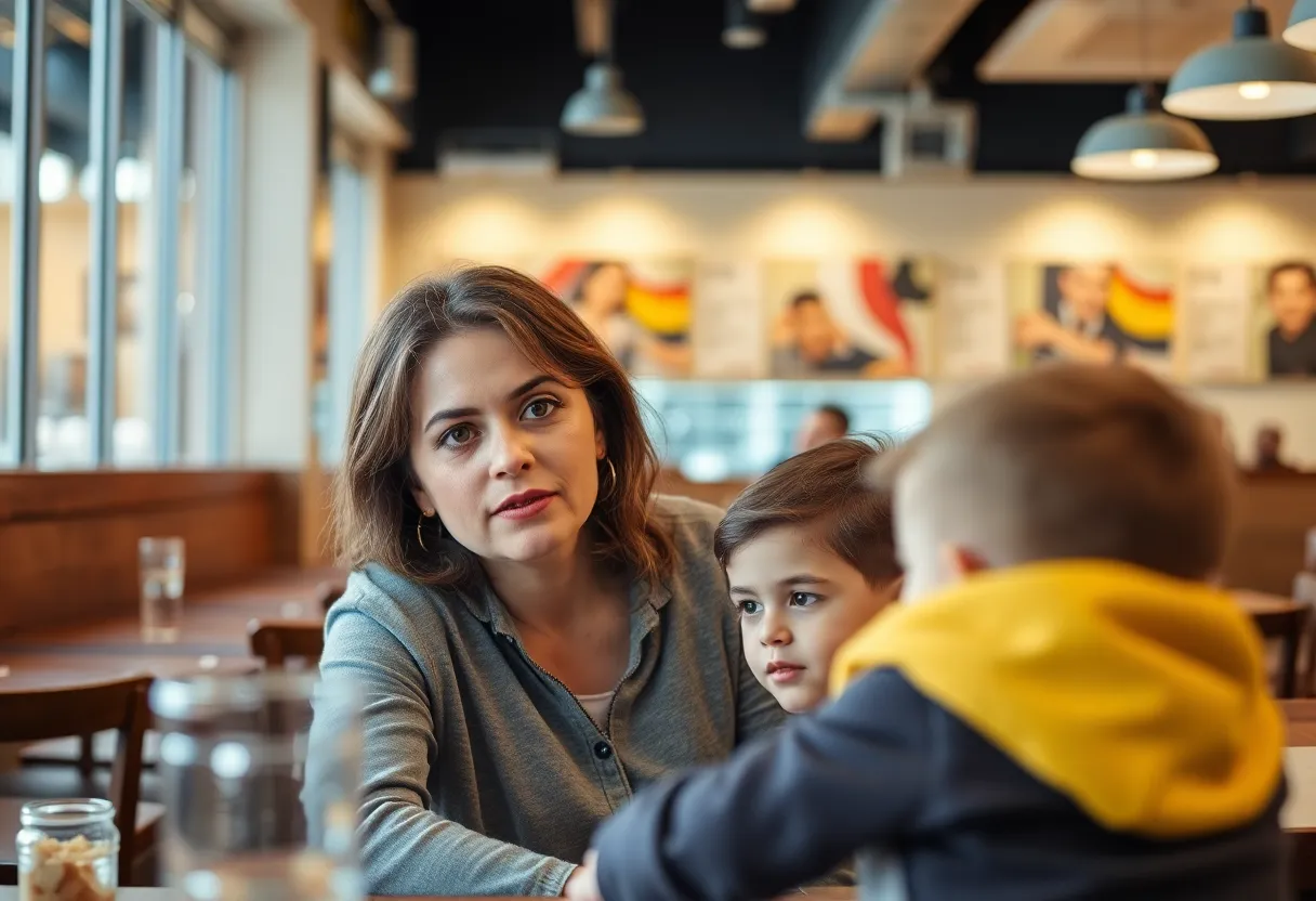 Concerned parent observing child at a restaurant