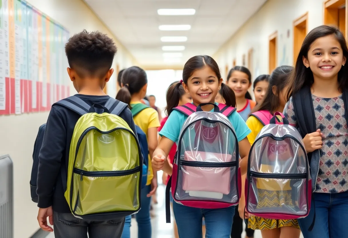 Students in a school hallway carrying clear backpacks for safety