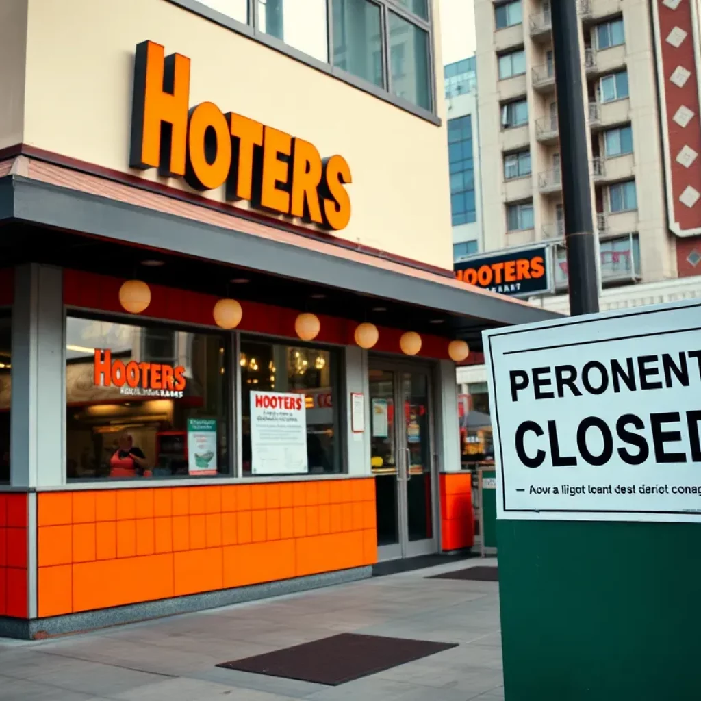 Exterior of a closed Hooters restaurant showing the closure sign.