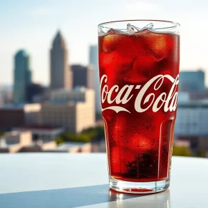 A glass of Coca-Cola with the Atlanta skyline in the background