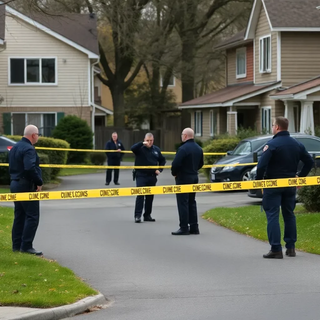 Police officers investigating a crime scene in southwest Atlanta with tape and houses in the background.