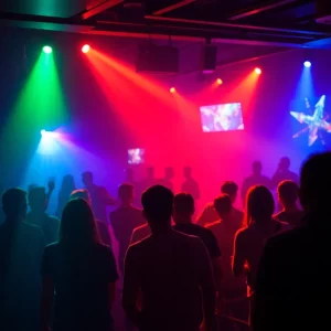 Scene of a vibrant nightclub in Decatur with people socializing
