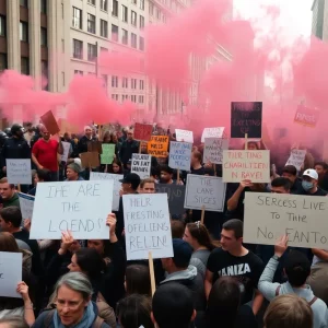 Crowd of protesters during a tense demonstration in DeKalb County