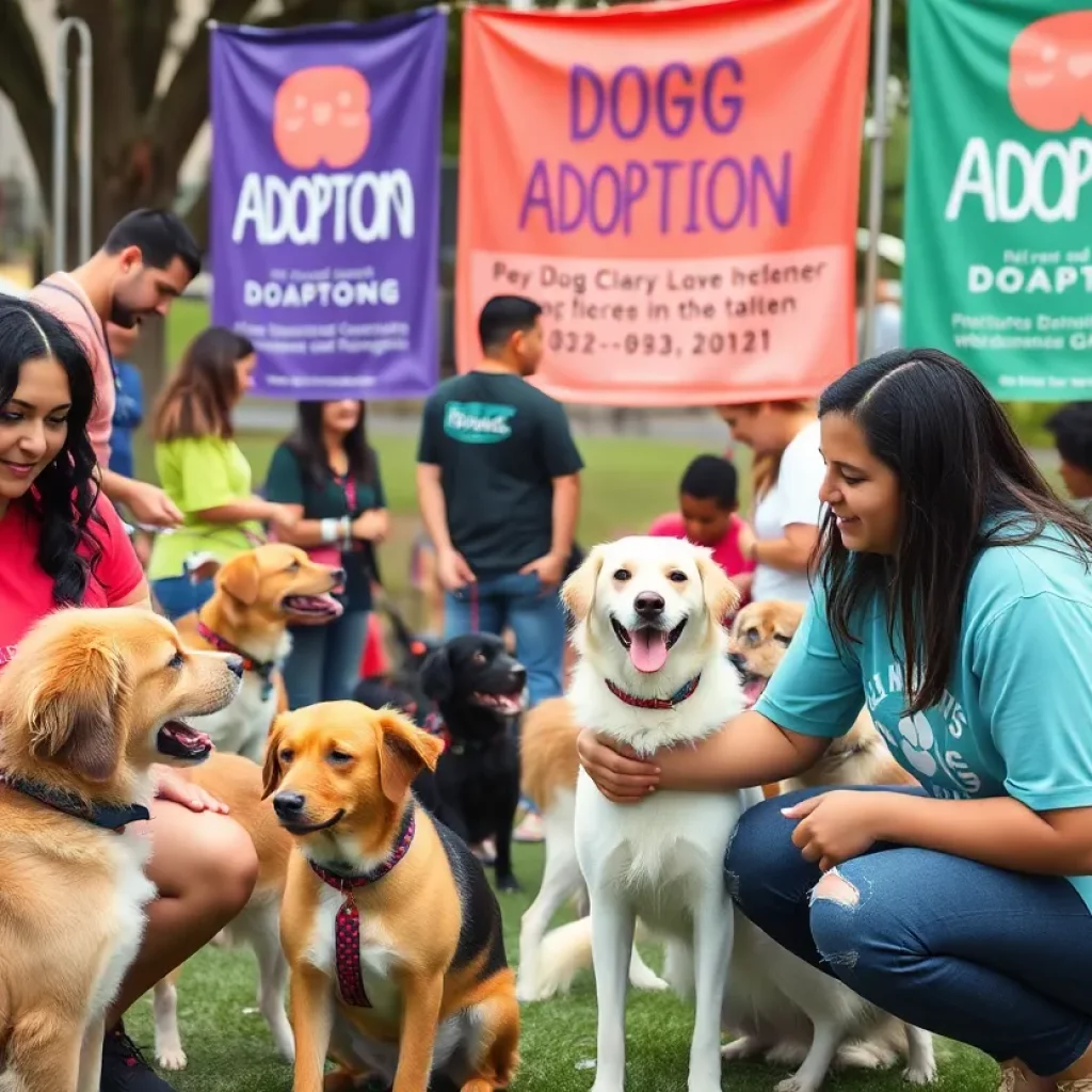 Families engaging at a dog adoption event in Atlanta.