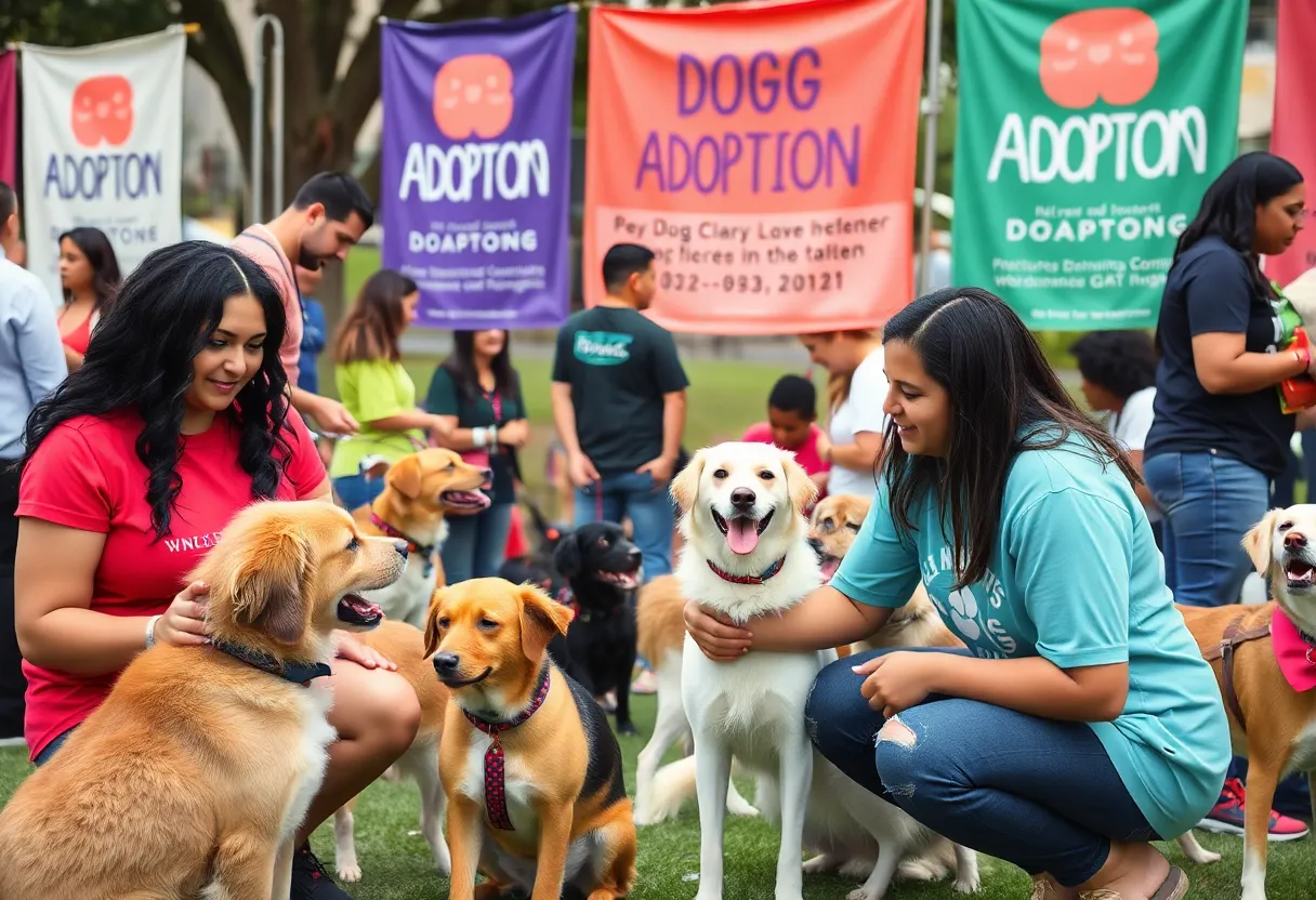 Families engaging at a dog adoption event in Atlanta.