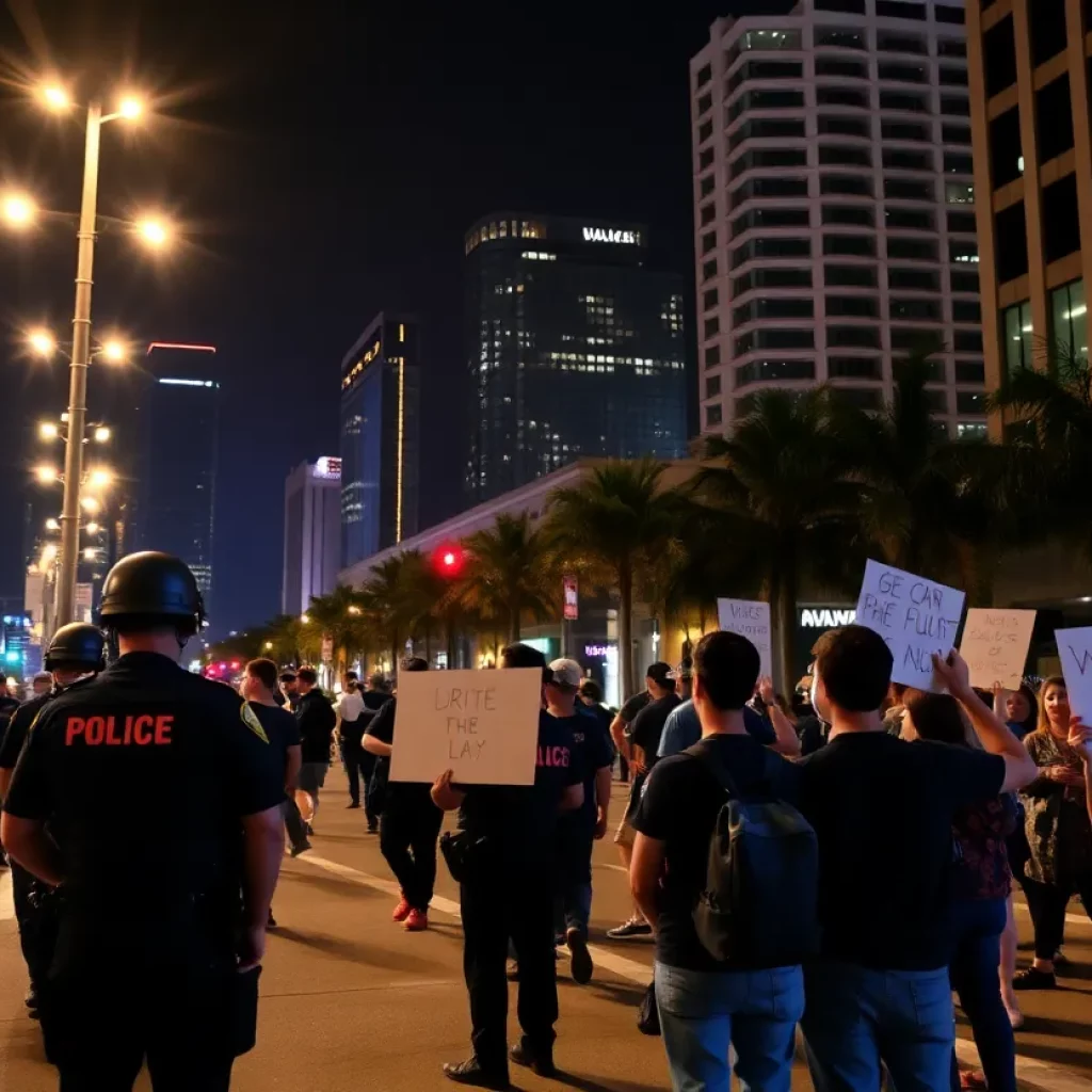 Downtown Los Angeles during nighttime curfew with protestors