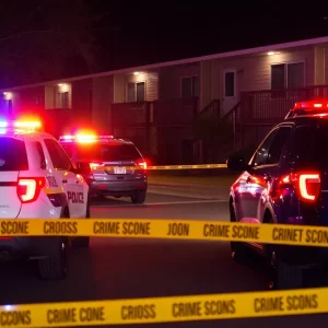 Police cars and crime scene tape at the site of a shooting in East Atlanta.