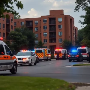Police and emergency services responding to a shooting incident at an apartment complex in Atlanta.