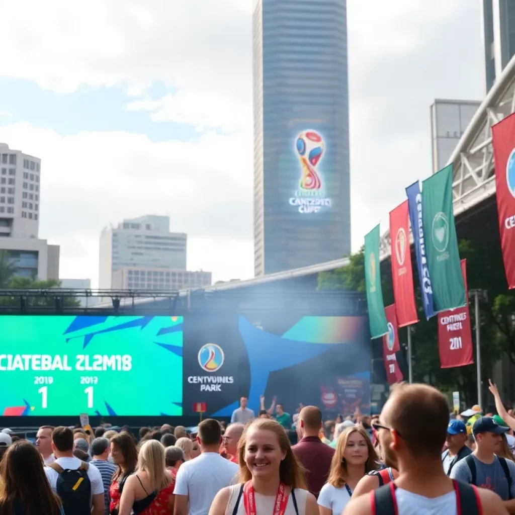 Fans celebrating at Centennial Olympic Park for FIFA World Cup preparations