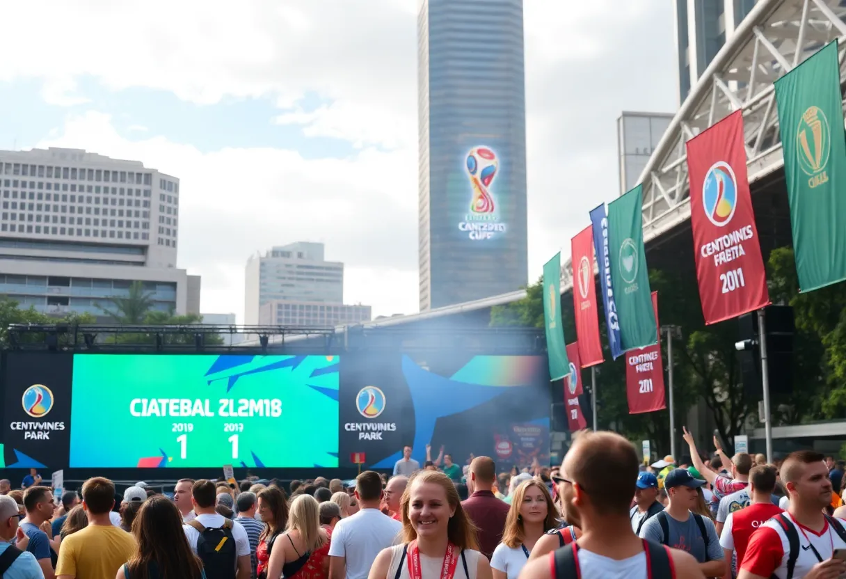 Fans celebrating at Centennial Olympic Park for FIFA World Cup preparations