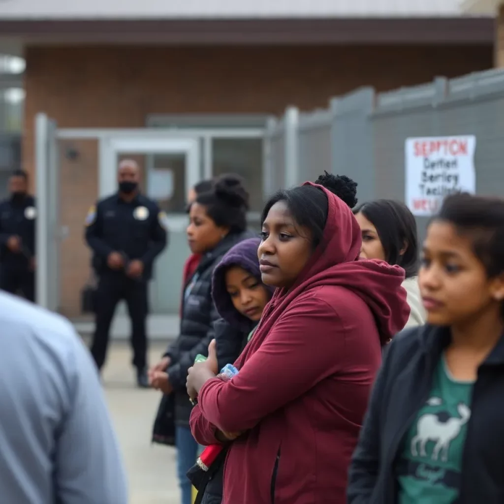 Families gathering outside a federal detention facility in Atlanta amid immigration enforcement operations.