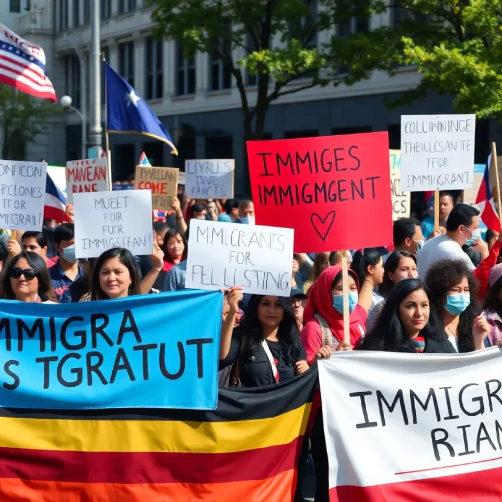 Protesters in Georgia holding signs advocating for immigrant rights.