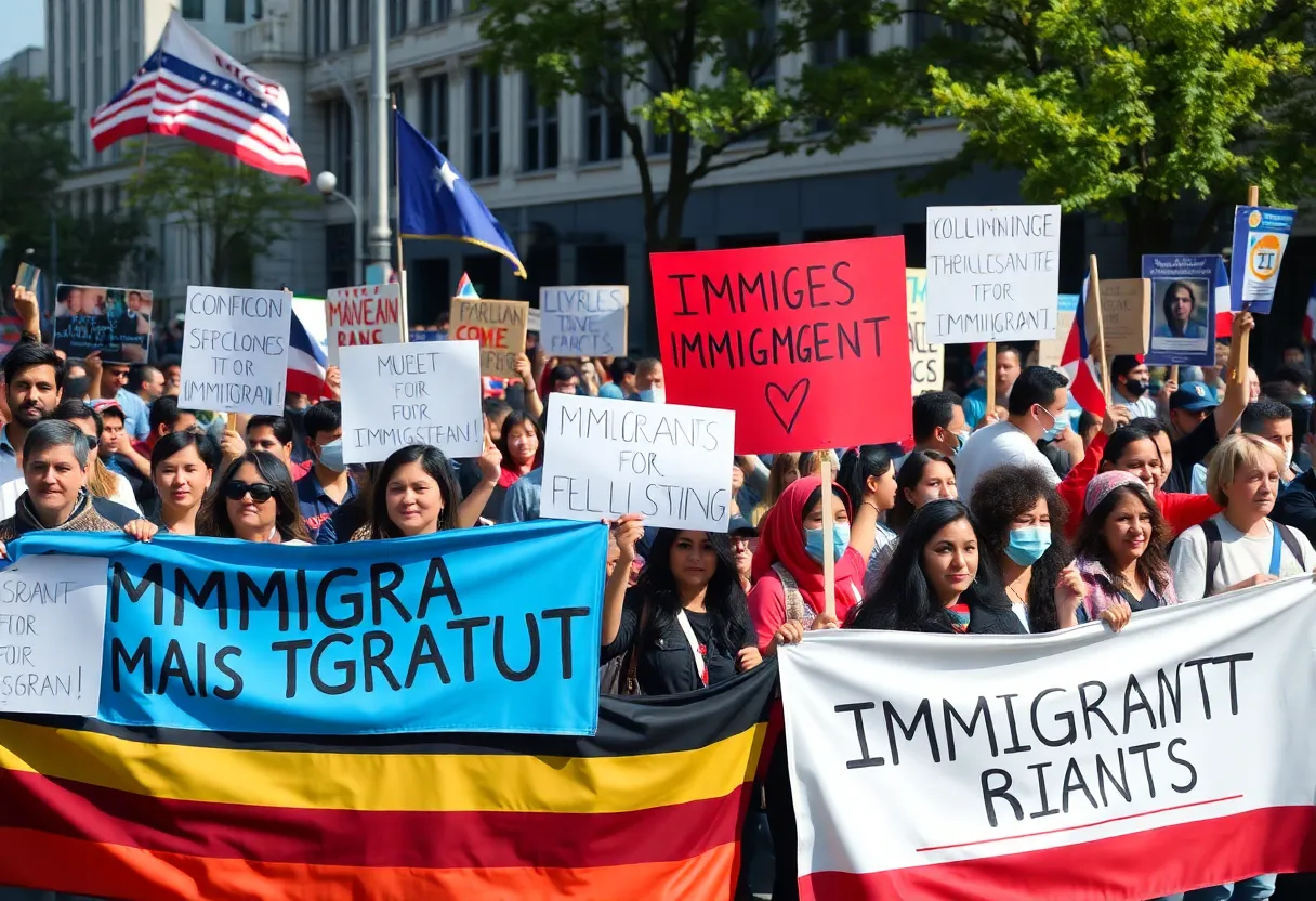 Protesters in Georgia holding signs advocating for immigrant rights.