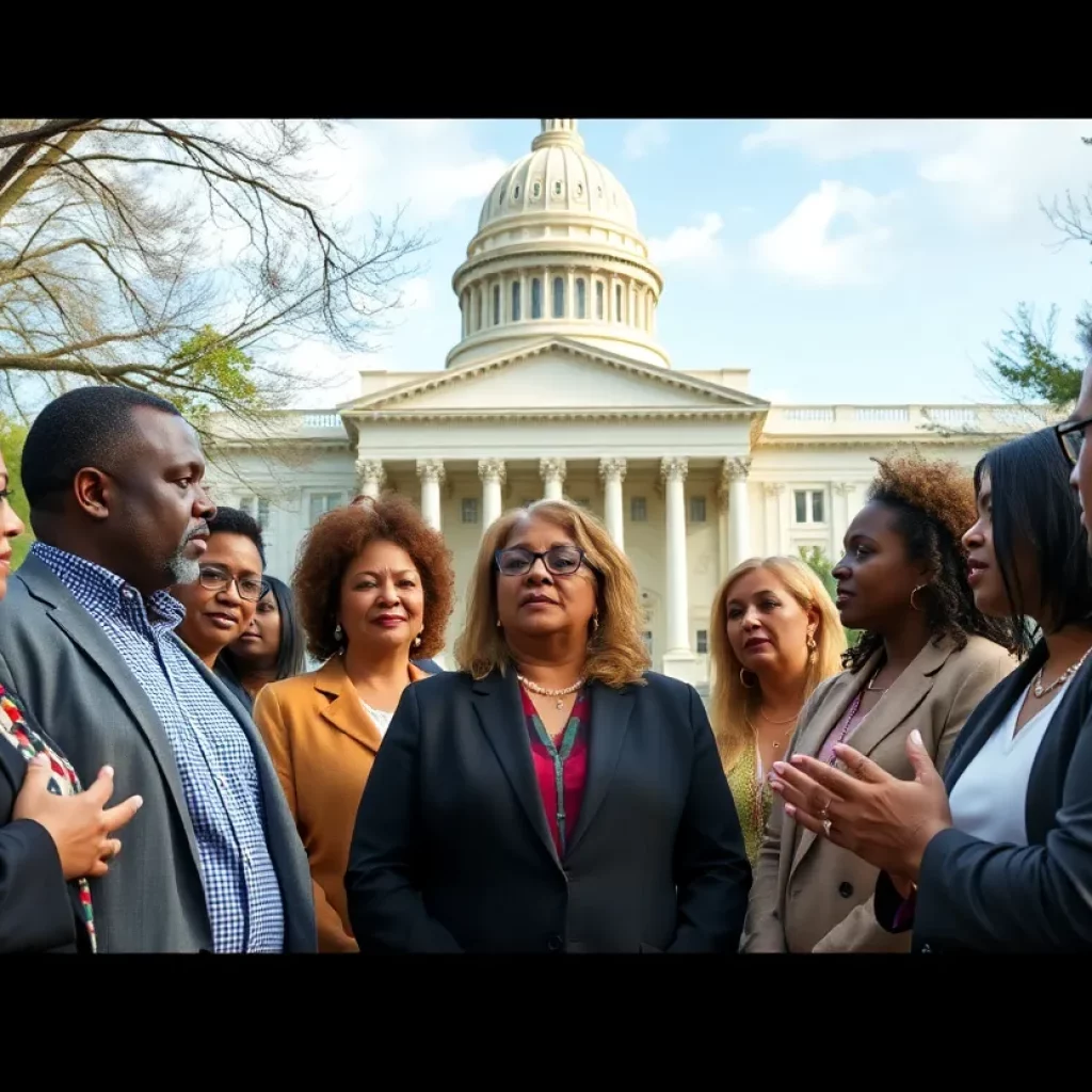 Diverse community discussing new laws near Georgia capitol building