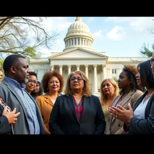 Diverse community discussing new laws near Georgia capitol building