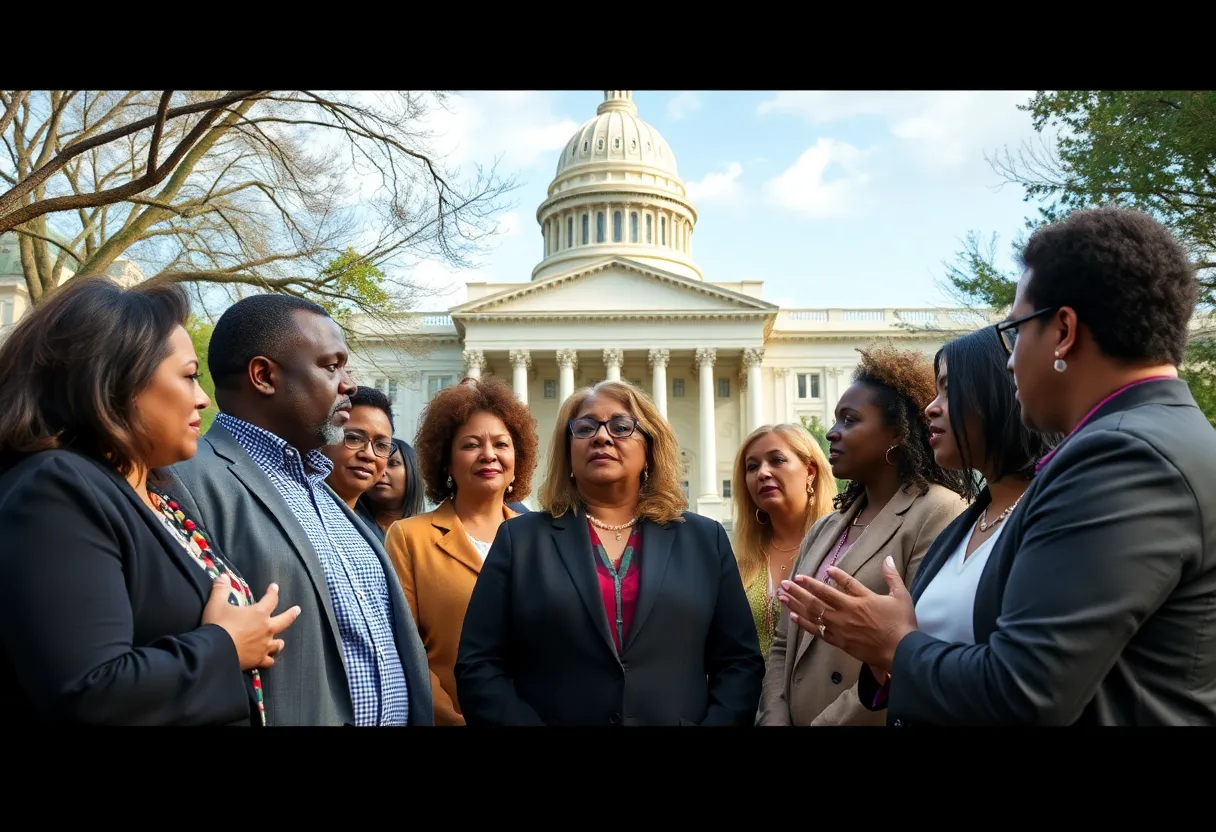 Diverse community discussing new laws near Georgia capitol building