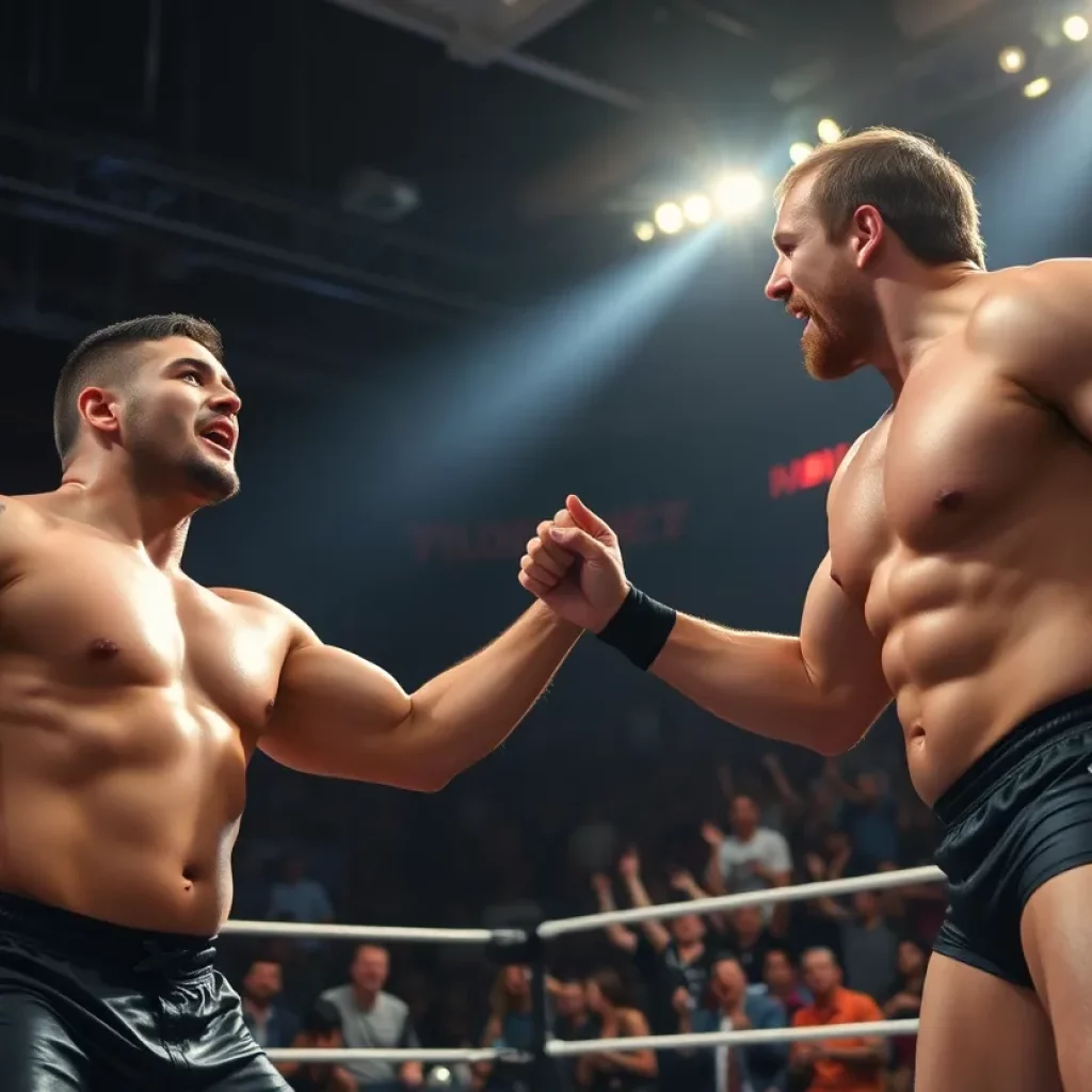 Wrestling match between two large competitors in an arena