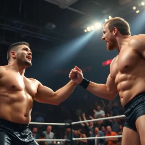 Wrestling match between two large competitors in an arena