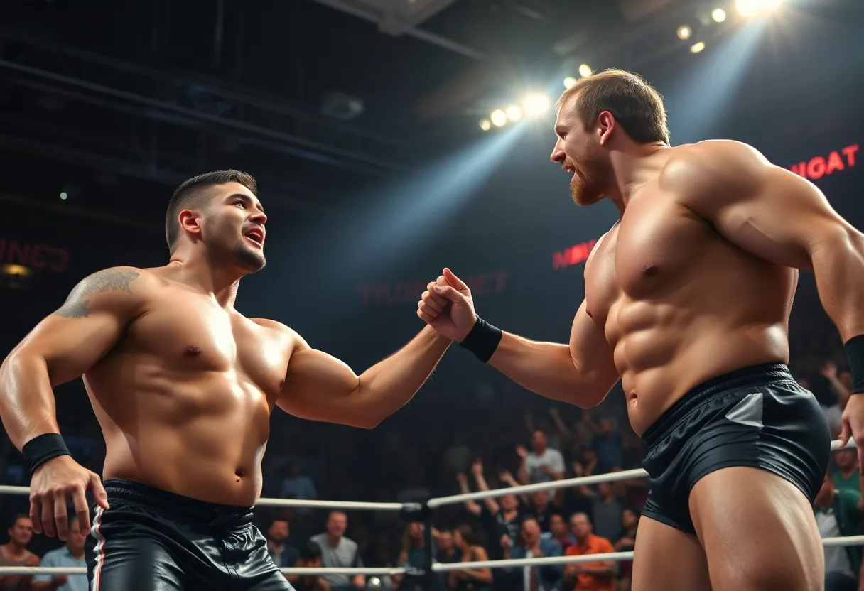 Wrestling match between two large competitors in an arena