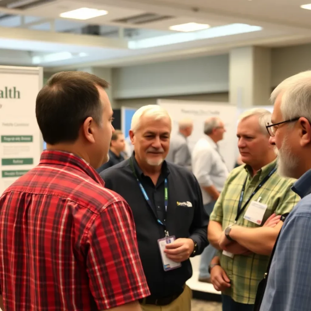 Men discussing prostate health awareness at a health fair.