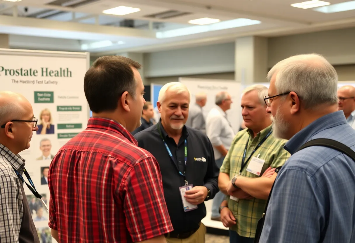 Men discussing prostate health awareness at a health fair.