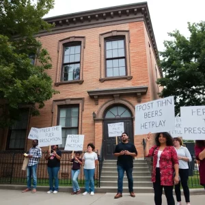 Community members rally for the preservation of a historic building in Atlanta.