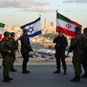 Military standoff between Israel and Iran, showing flags and urban conflict backdrop.