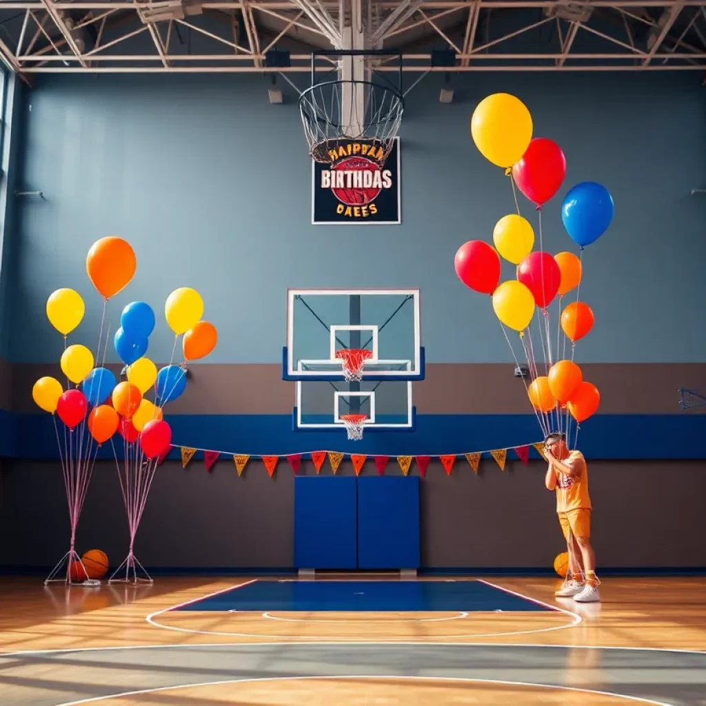 A colorful birthday celebration on a basketball court